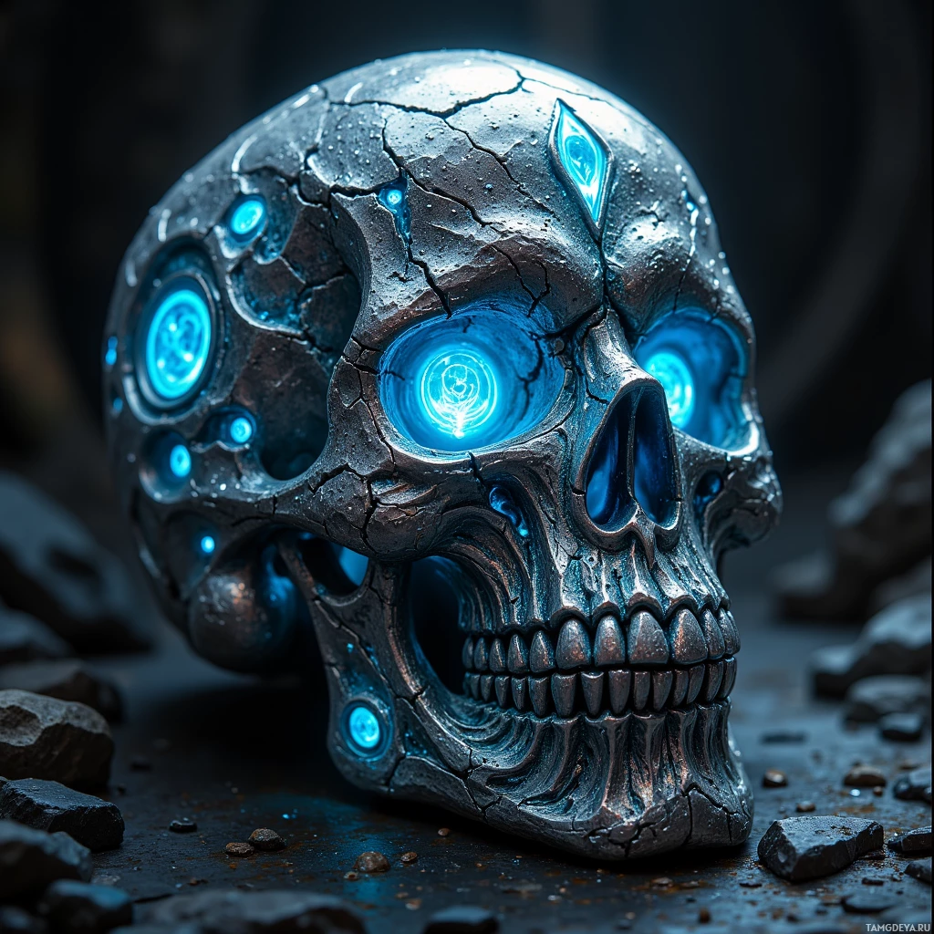 Semi-abstract image with many light, that is suitable for the post:  silver blackened skull with cracked glaze shimmering like wet moonlight, intricate looping sigils engraved along the surface, faint bioluminescent glow pulsing within the sigils.