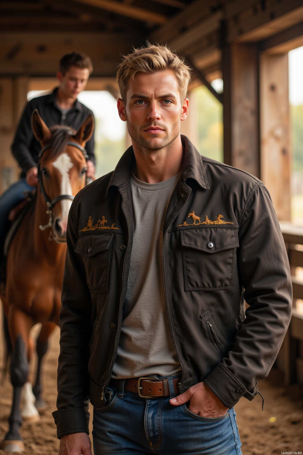 Мужчина в коричневой куртке и джинсах стоит в конюшне рядом с лошадью, на заднем плане видна ещё один человек.