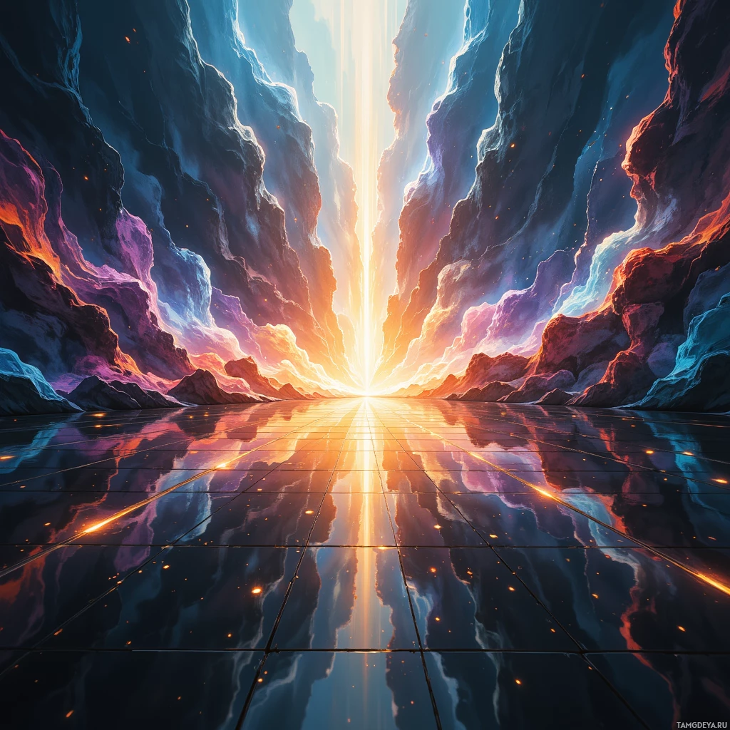 Яркая, космическая сцена с сияющими лучами света и отражающими поверхностями.