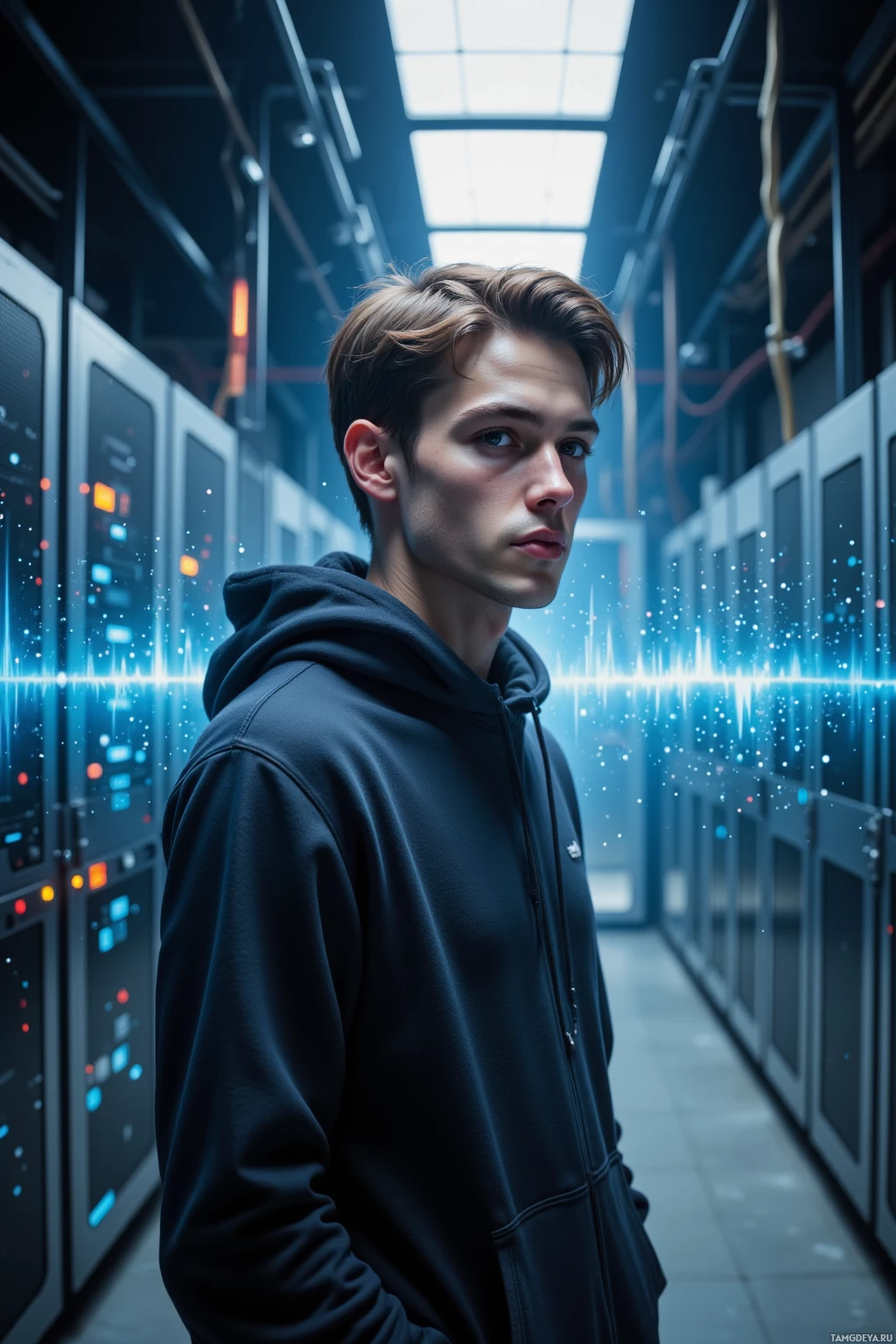 В серверной стоит человек в толстовке на фоне светящегося оборудования.