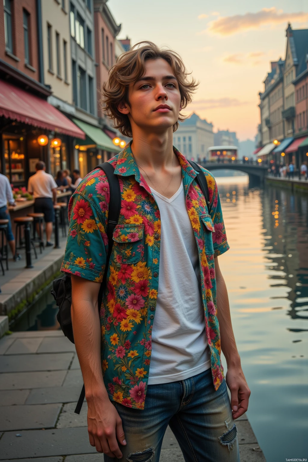 Молодой человек стоит у канала, одетый в рубашку с цветочным принтом и джинсы, с рюкзаком на плече, на заднем плане видны здания и люди.