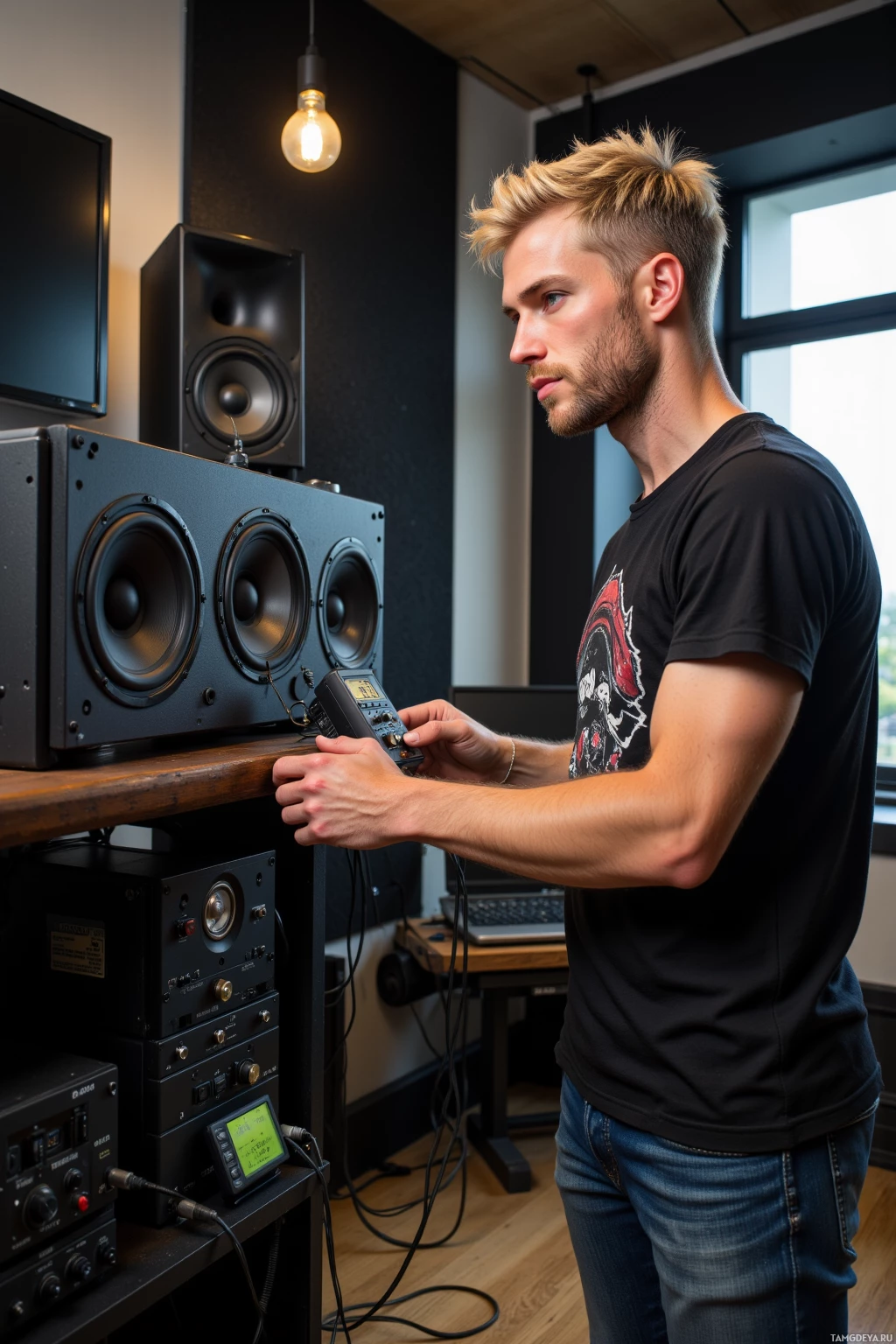 Realistic high quality photo. 44‑year‑old man with short blonde hair, blue eyes, pale skin, wearing a black graphic t‑shirt and dark jeans, standing in a modern sound‑isolated studio, adjusting a speaker driver with a calibration meter and cables in front of him under daylight.