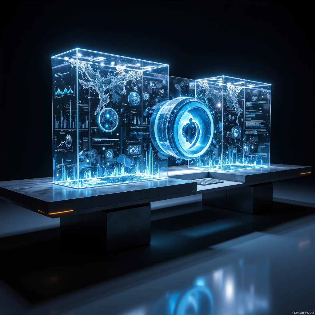 Футуристичный, подсвеченный дисплей с прозрачным кубом, содержащим голографические данные и цилиндрический объект, расположенный на гладком, современном столике.