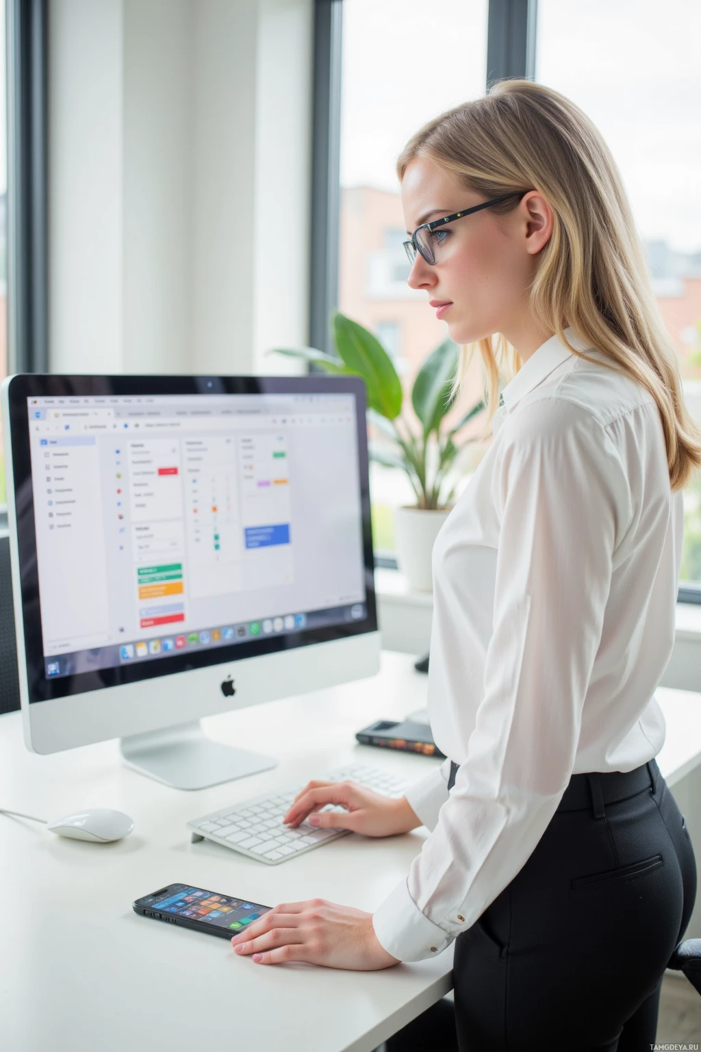 Женщина в белой рубашке работает за столом с компьютером и смартфоном.