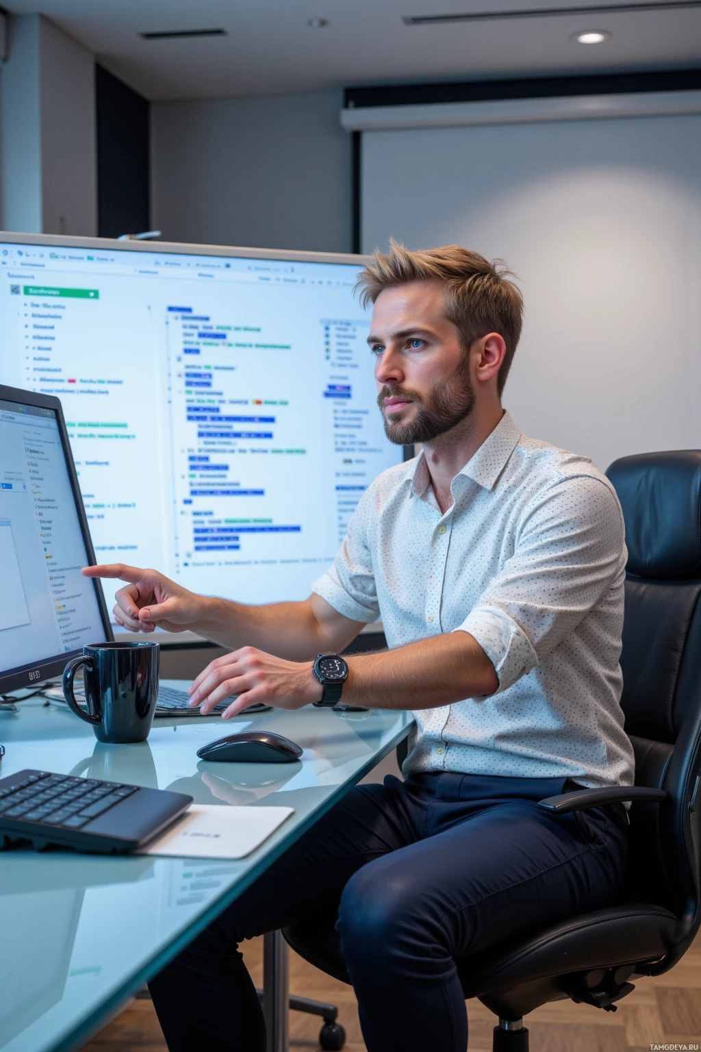 Realistic high quality photo. 32‑year‑old man with short blonde hair, sharp blue eyes, crisp white patterned shirt and tailored dark trousers sits at a glass conference table in a modern office, pointing at a computer screen full of a tangled stack trace while flipping through a spreadsheet of call hierarchies, a whiteboard behind him annotated with code snippets, a projector screen displaying a concise stakeholder deck, a steaming coffee mug beside him, his expression a mix of focused precision and playful sarcasm.