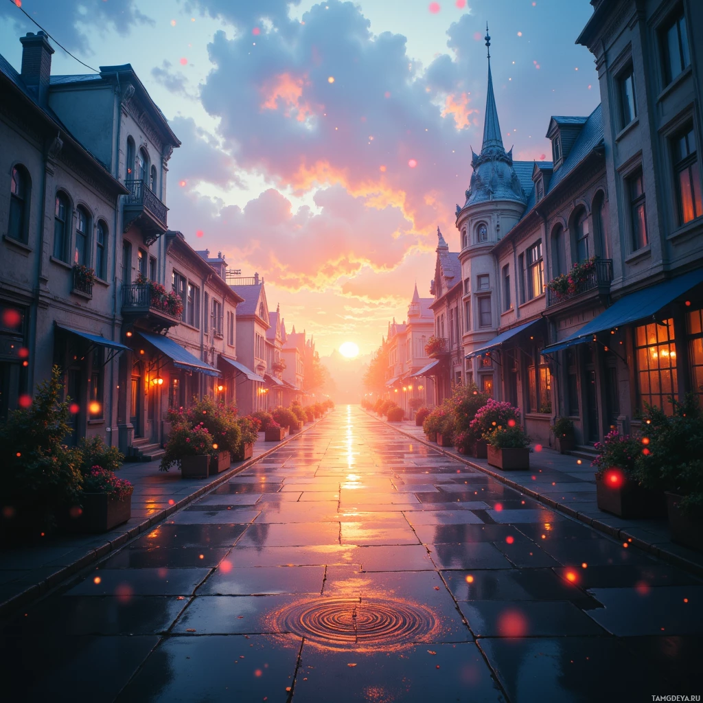 Живописная улица, обрамленная старинными зданиями и яркими цветами, под драматичным закатным небом.