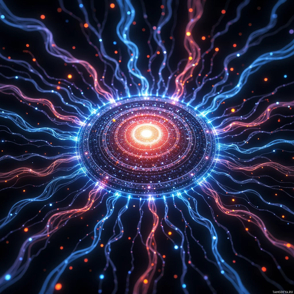Светящийся, замысловатый круговой узор с расходящимися линиями и частицами на тёмном фоне.