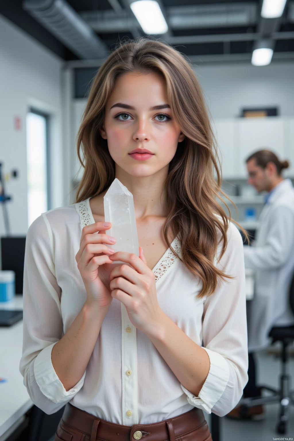 В лаборатории женщина держит прозрачный кристалл.