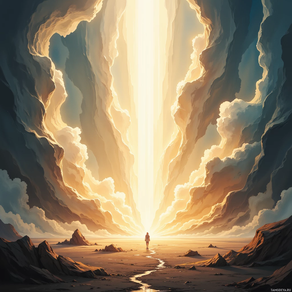 Одинокая фигура идет навстречу яркому свету в конце огромного, каменистого ущелья.