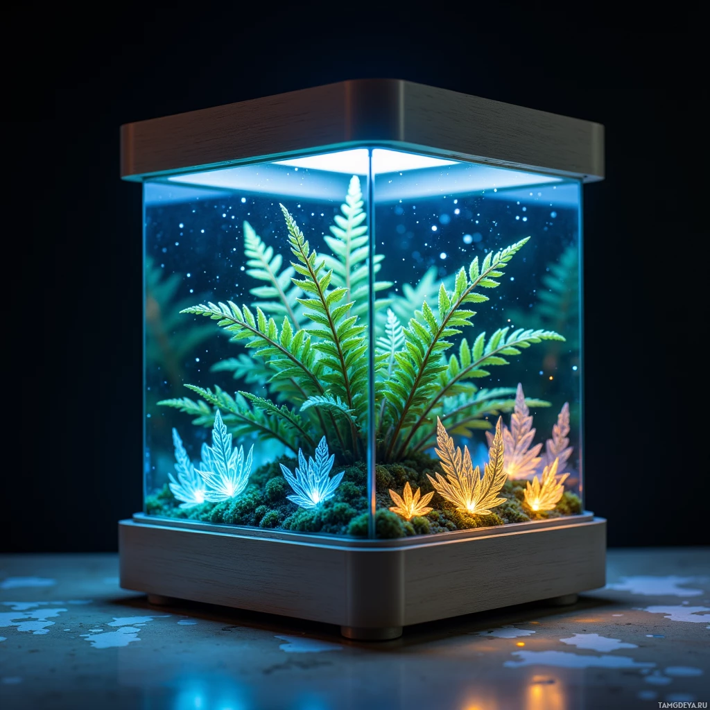 Стеклянный террариум с папоротниками и подсветкой внутри, установленный на деревянную подставку.
