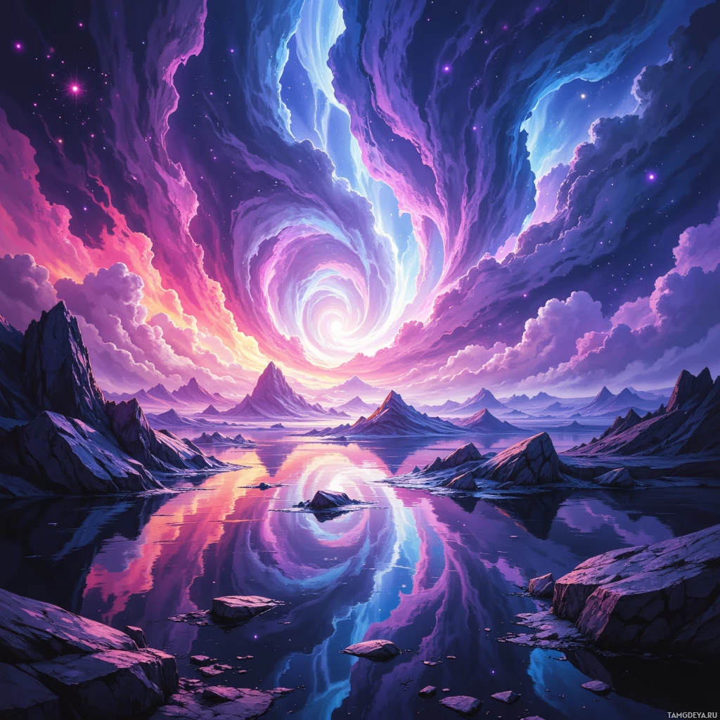 Сюрреалистичный пейзаж с завихряющимся небом, отражающейся водой и зубчатыми горами.