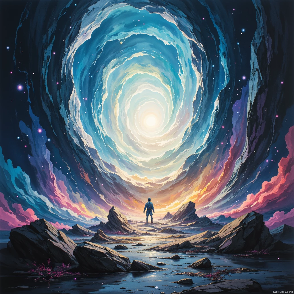 Человек стоит на краю бескрайнего, красочного и неземного пейзажа, взирая на вихревую завесу, ведущую в космос.