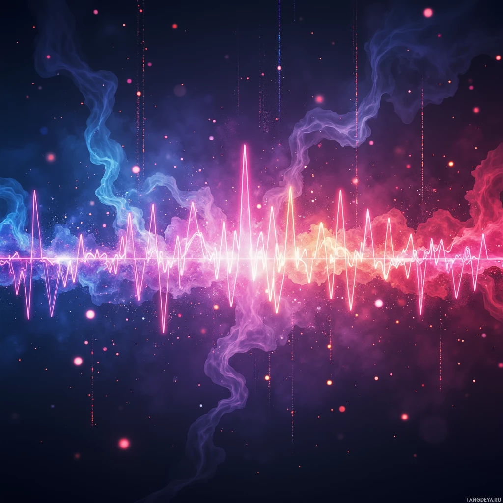 Яркая абстрактная композиция, где переплетаются клубы дыма, неоновые линии и светящиеся частицы на тёмном фоне.