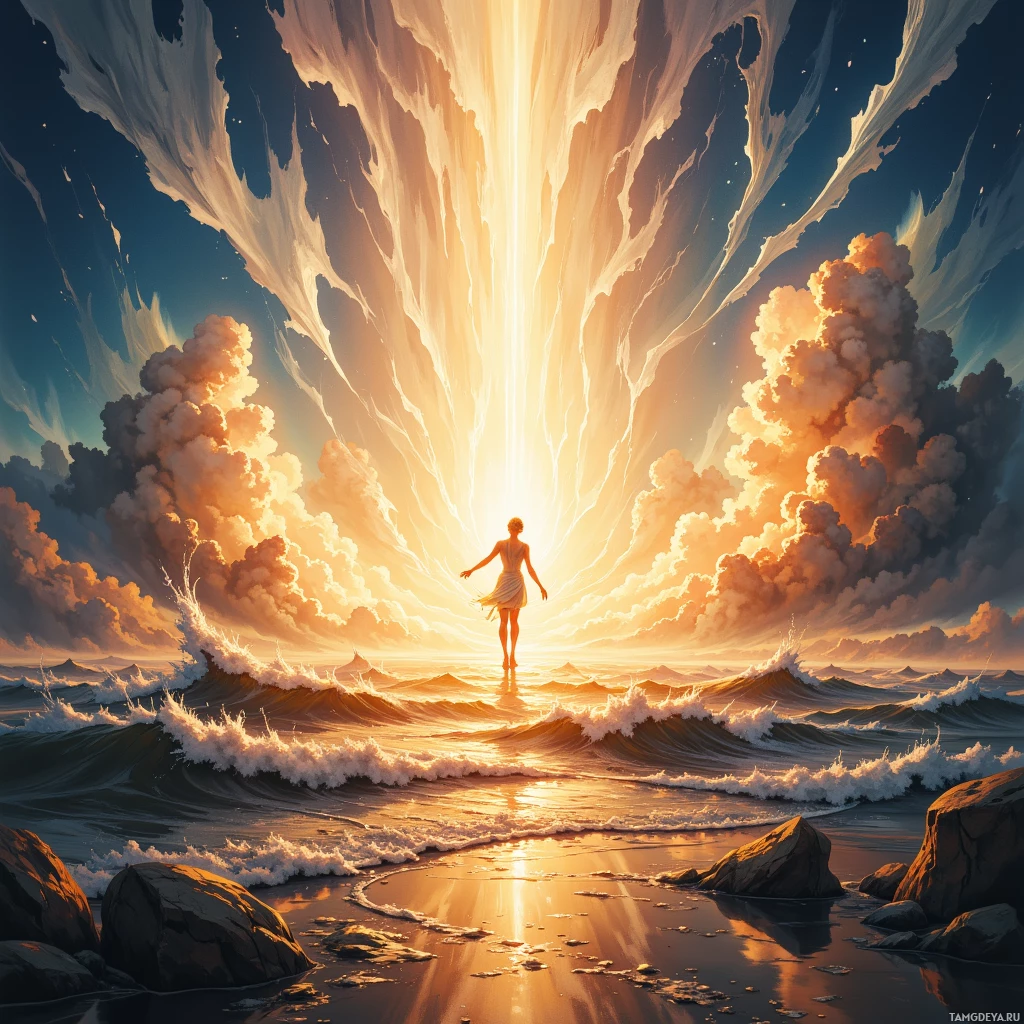 На закате на пляже стоит человек, на фоне бушующего моря и впечатляющих облаков.