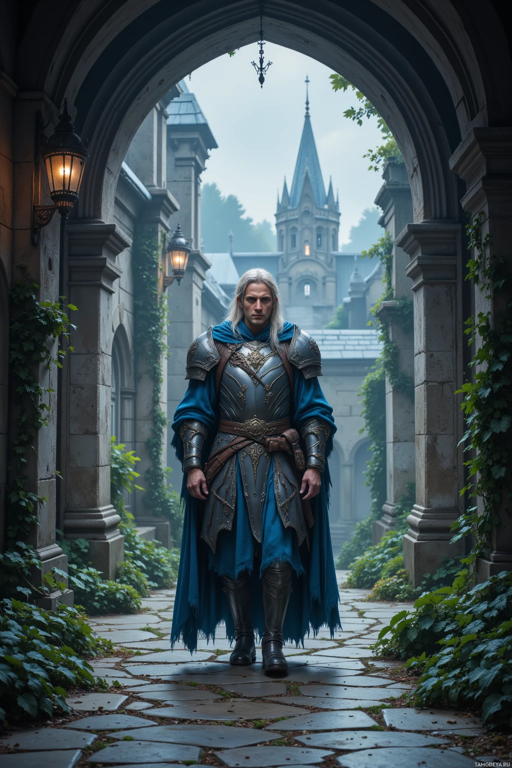 Рыцарь в искусно выполненных доспехах стоит под аркой, на заднем плане виден замок.