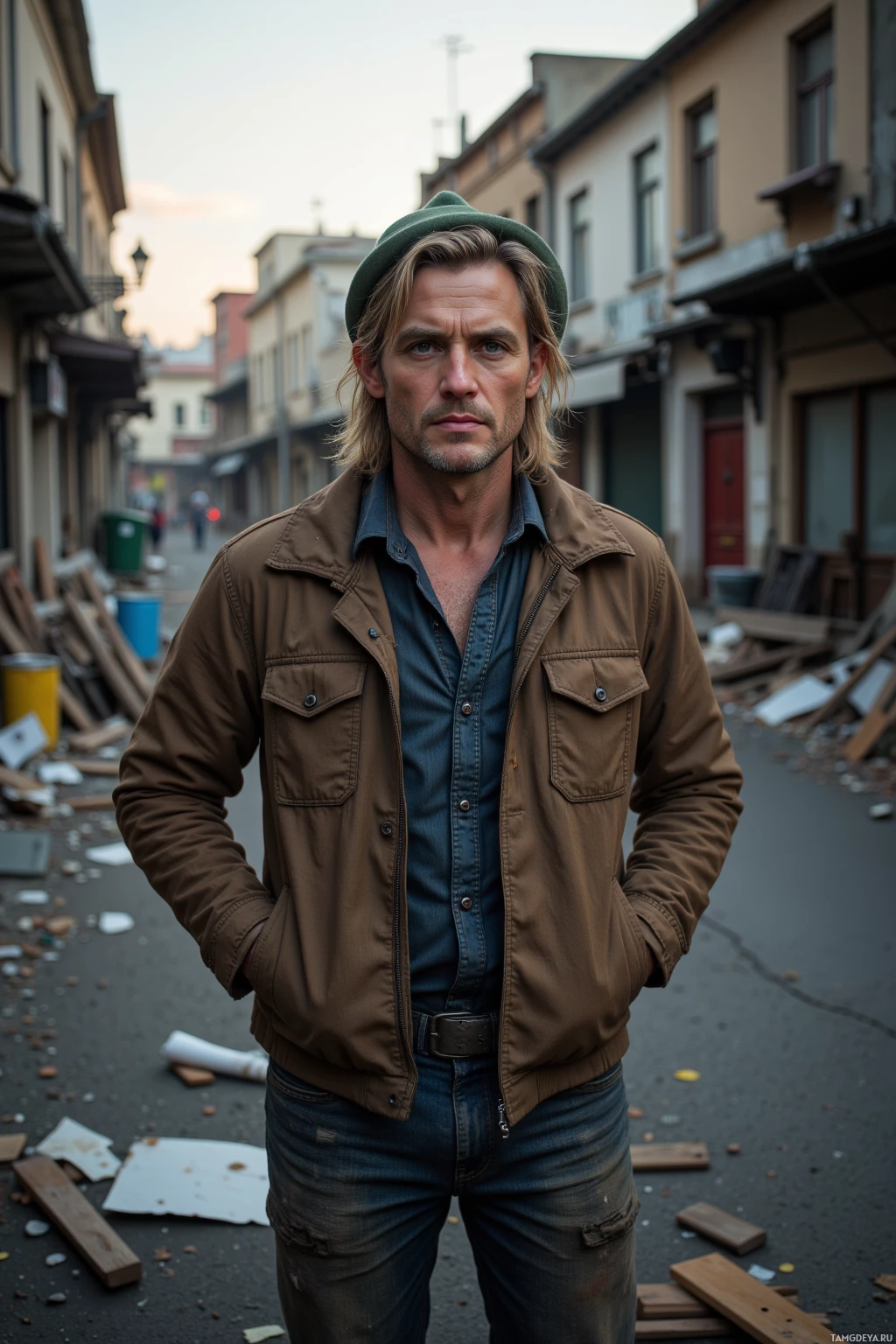 Мужчина стоит в переулке, одетый в коричневую куртку и джинсы, вокруг валяется мусор.