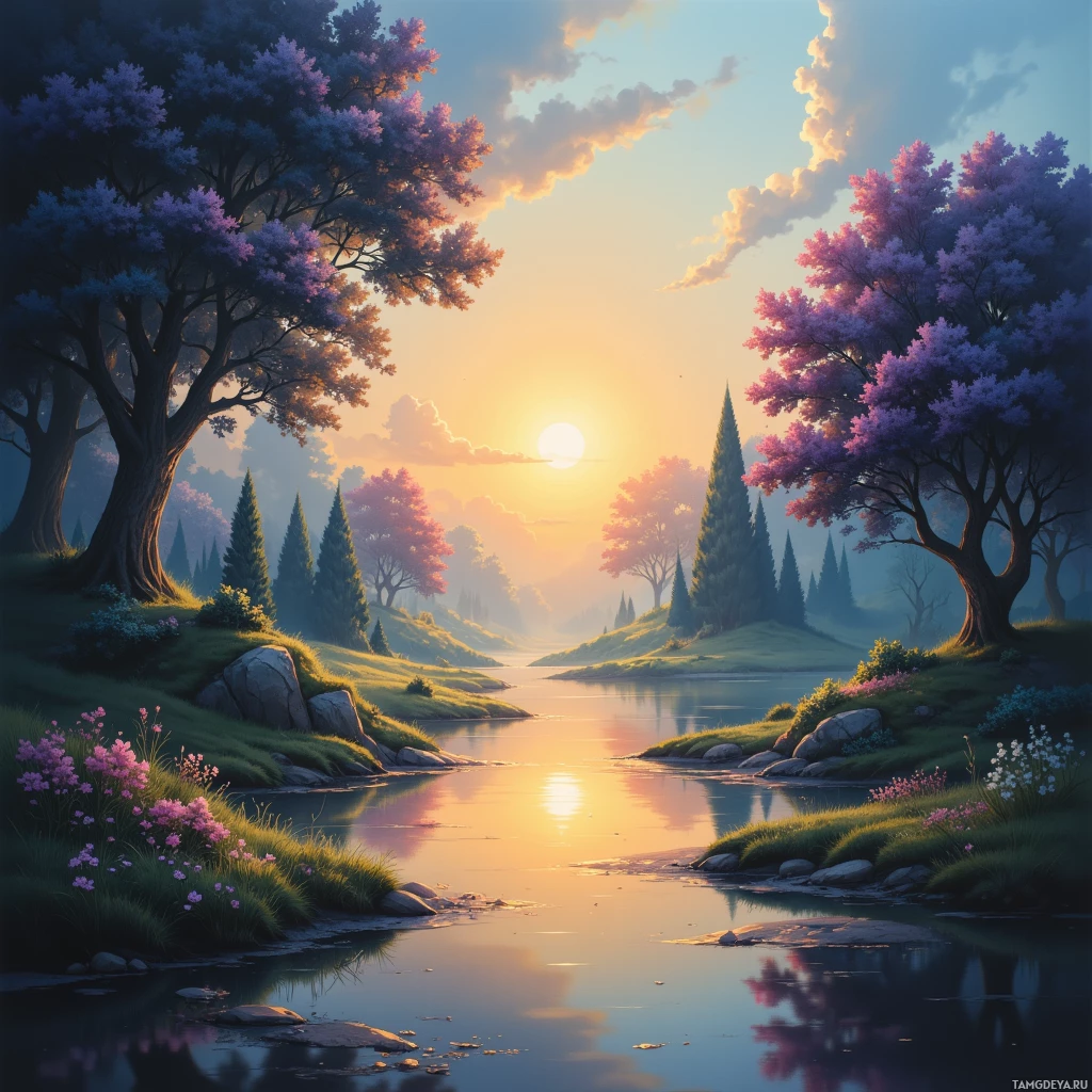 Безмятежный пейзаж с рекой, цветущими деревьями и живописным закатом.