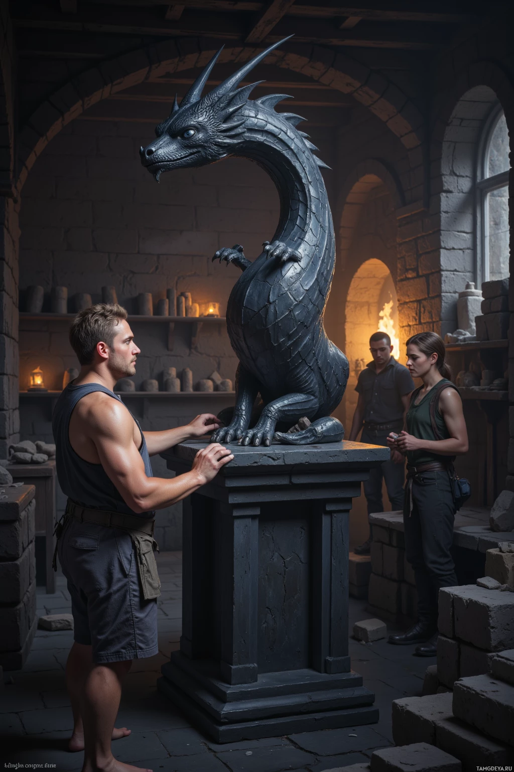 Мужчина и женщина рассматривают большую, искусно выполненную статую дракона в комнате с каменными стенами.