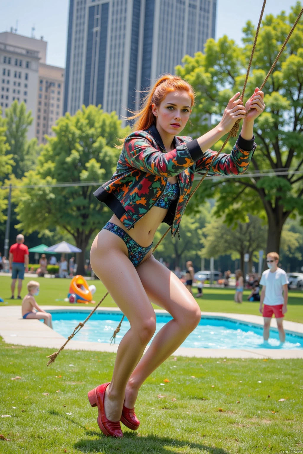 Женщина качается на веревке в парке, на заднем плане виднеется городской пейзаж.