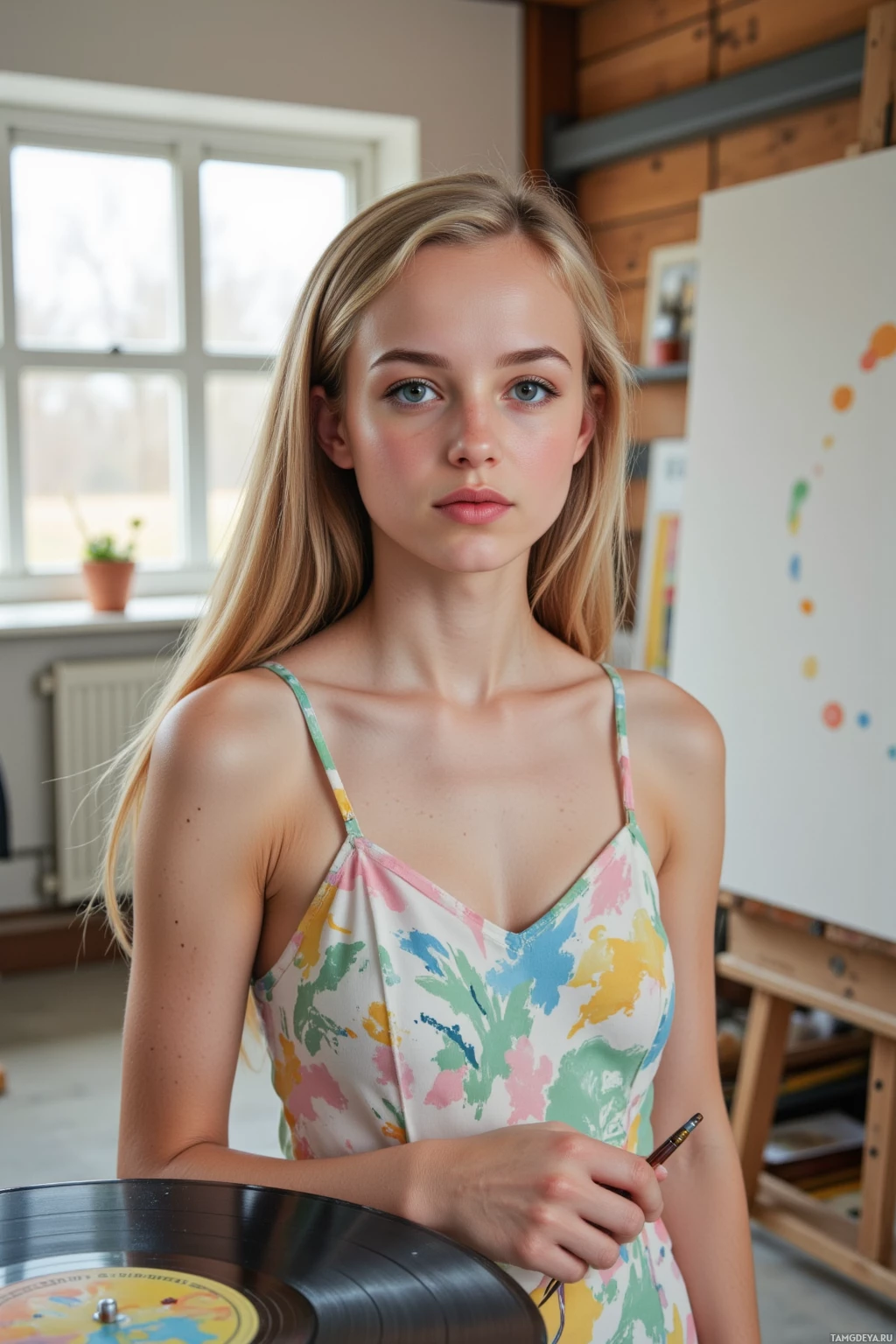 Молодая женщина стоит в комнате, где висит картина и лежит пластинка, держа в руке ручку.