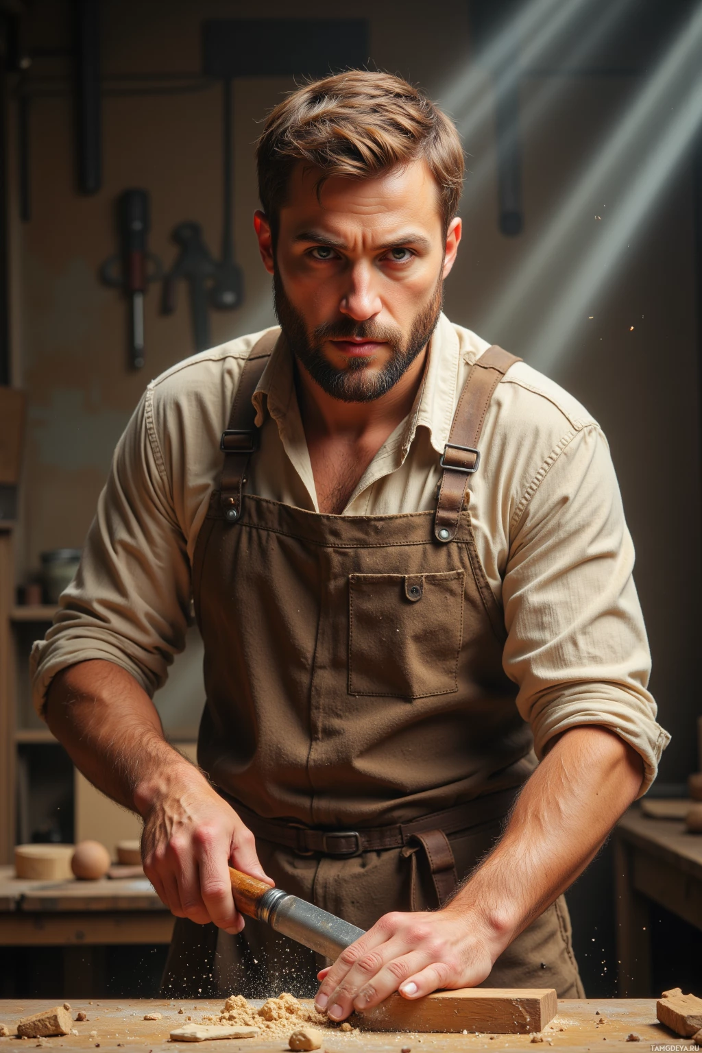 Мужчина в мастерской, одетый в фартук, вырезает дерево резцом.