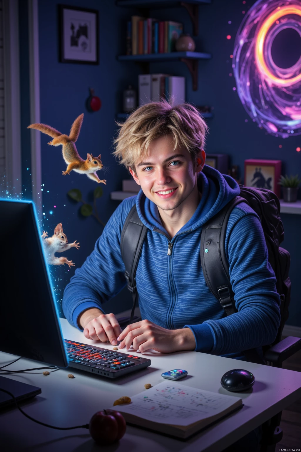 Молодой человек сидит за столом с компьютером, вокруг него книги, а на заднем плане белка.