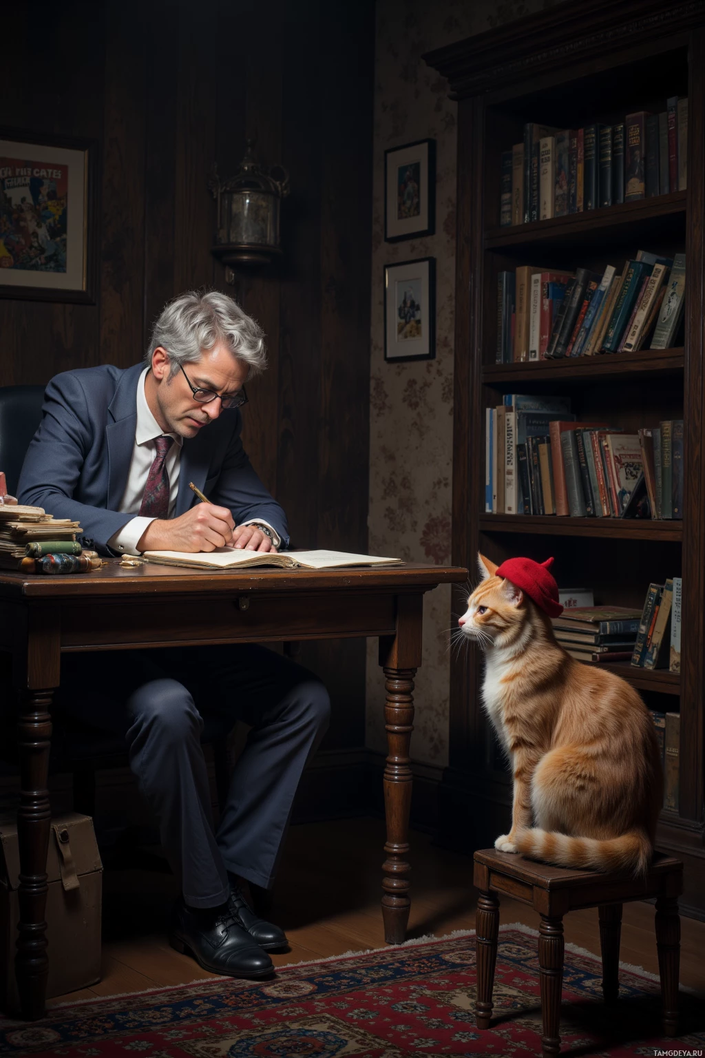 Мужчина в костюме сидит за столом и пишет, рядом на стуле расположился кот в красной шапочке.