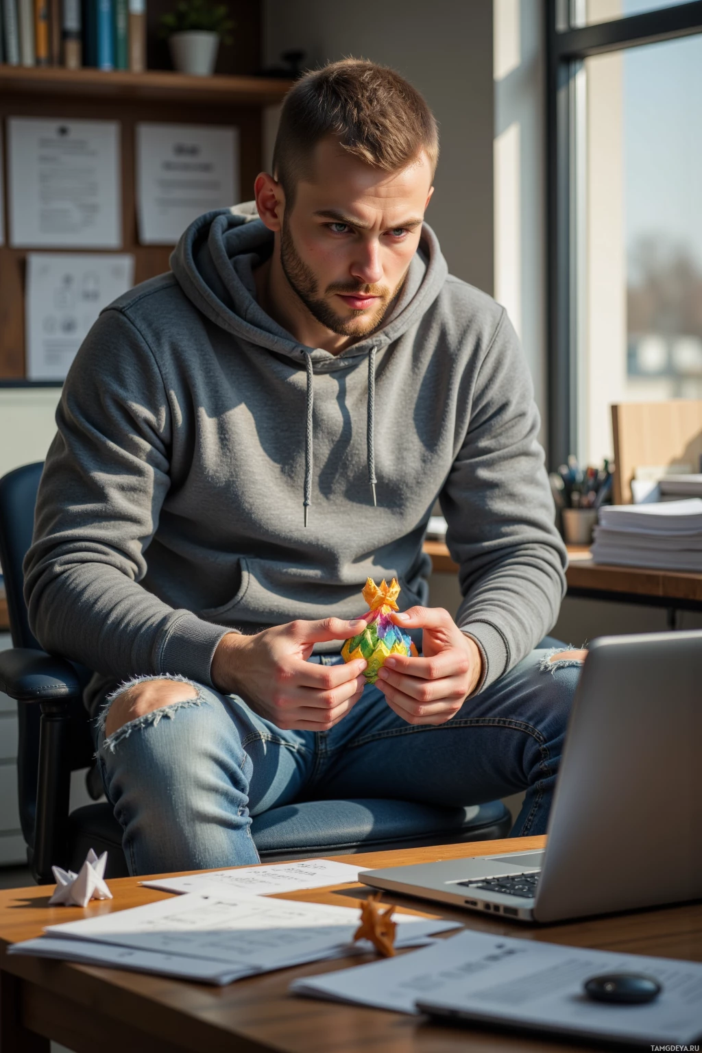 Мужчина в толстовке сидит за столом, держа в руках яркую фигурку оригами.