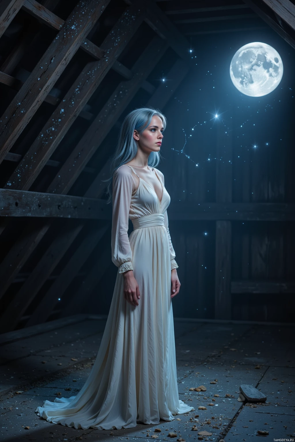 Женщина в развевающемся белом платье стоит под ночным небом с полной луной и звездами.