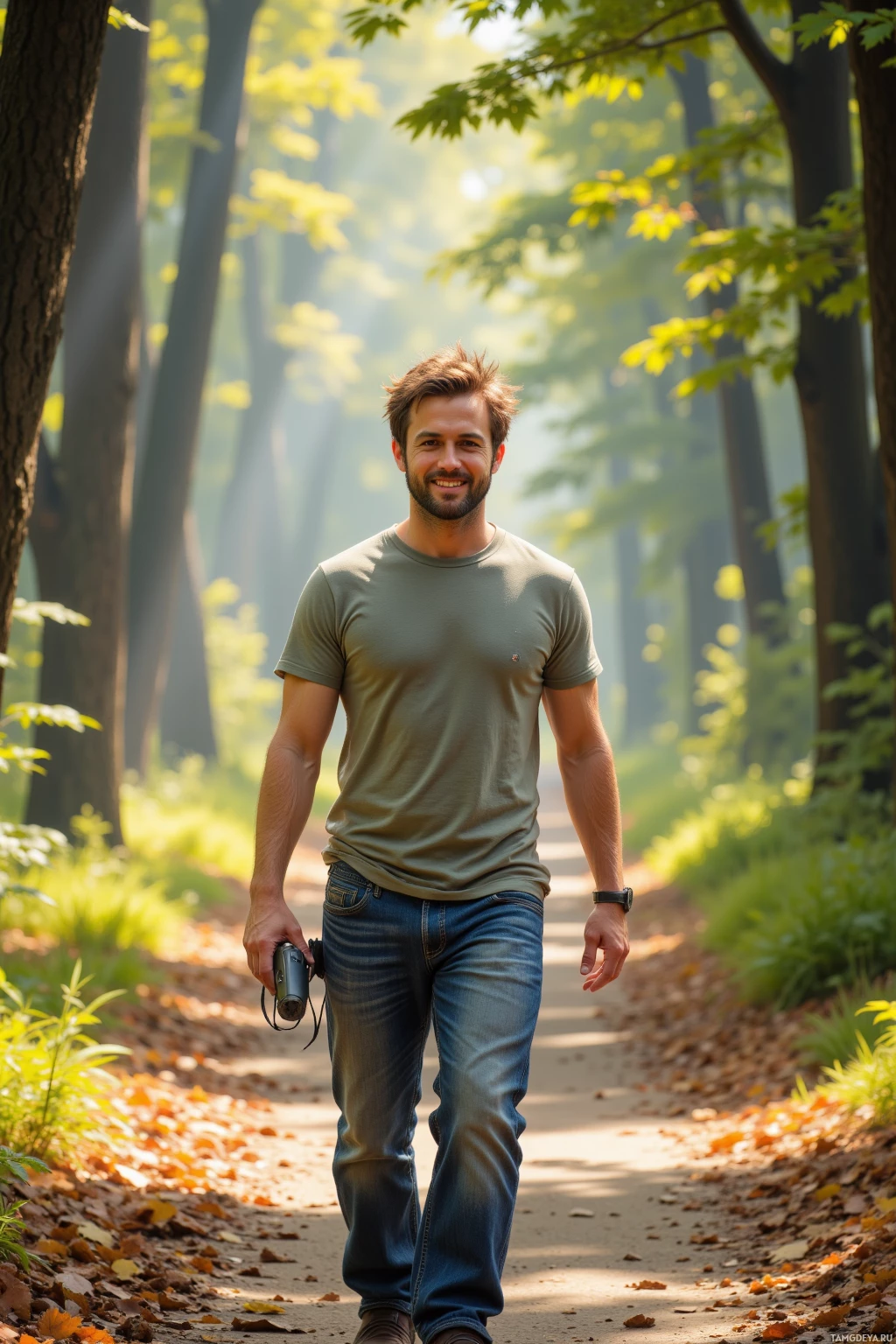 Мужчина идёт по лесной тропинке, держа в руках фотоаппарат, окружённый солнечными лучами, пробивающимися сквозь деревья.
