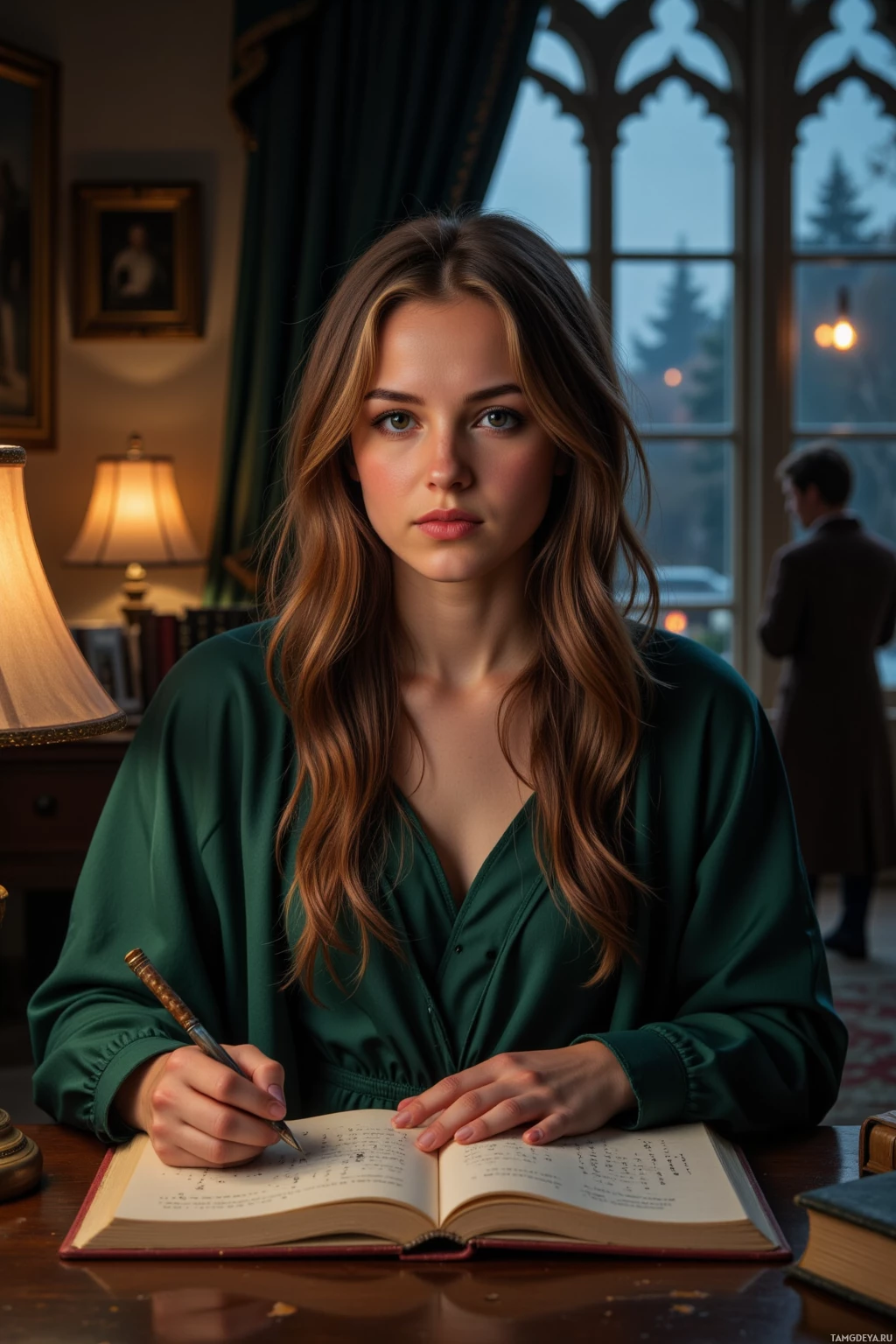 Женщина в зеленой блузке пишет в блокноте за столом.