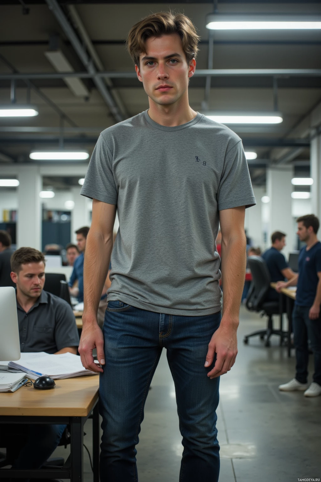 Мужчина стоит в офисе, одетый в серую футболку и джинсы, на заднем плане работают другие люди.