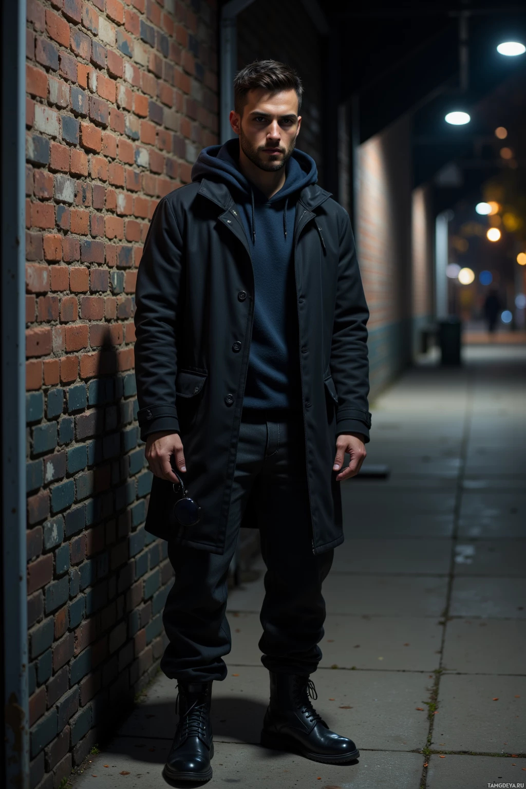 Мужчина стоит у кирпичной стены в тускло освещенном переулке, одетый в темную куртку, толстовку, брюки и ботинки.