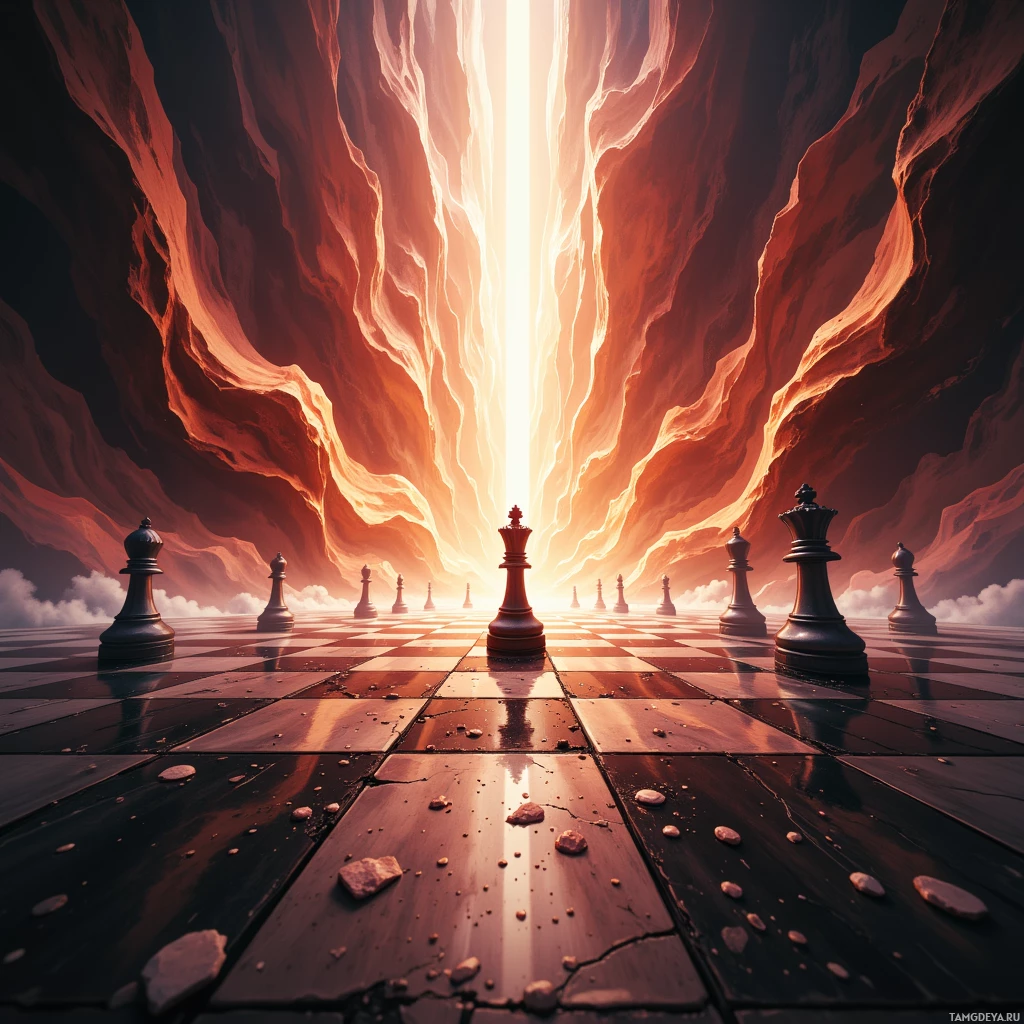 Сюрреалистичная сцена: шахматные фигуры выстроены в ряд, уходящий в яркий свет в конце огромного туннеля.