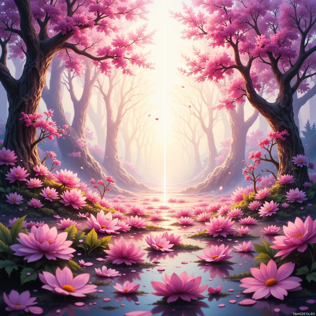 Безмятежная лесная сцена с розовыми цветами и лучом света.