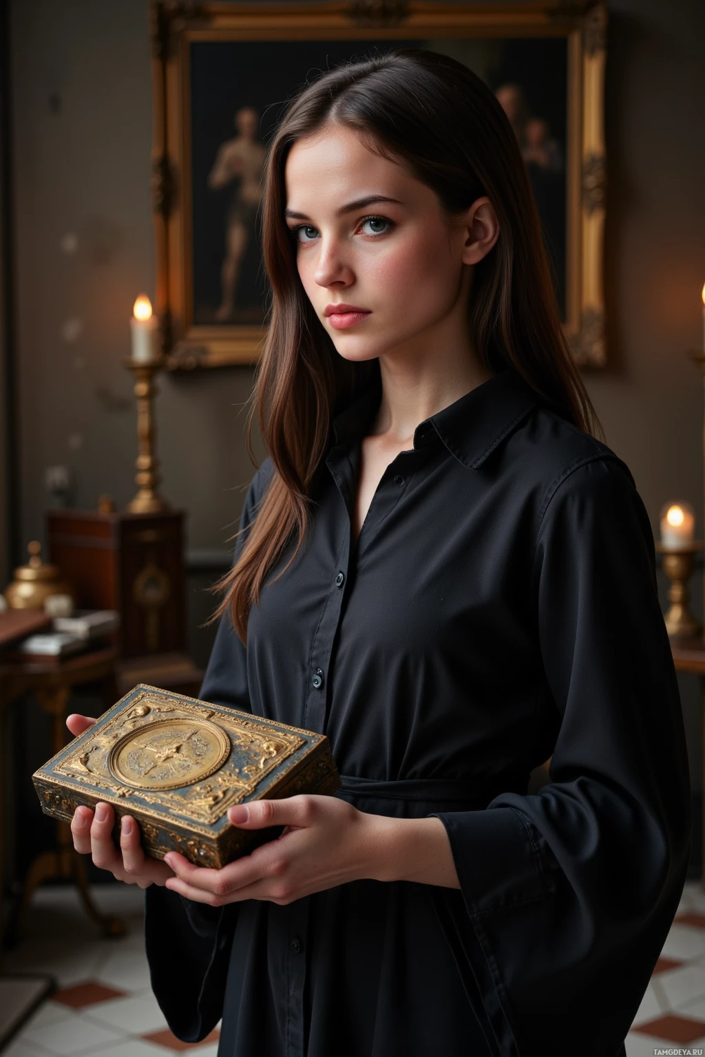 В полумраке комнаты, освещенной свечами, женщина в черной рубашке держит в руках изящную золотую шкатулку, рядом висит портрет в рамке.