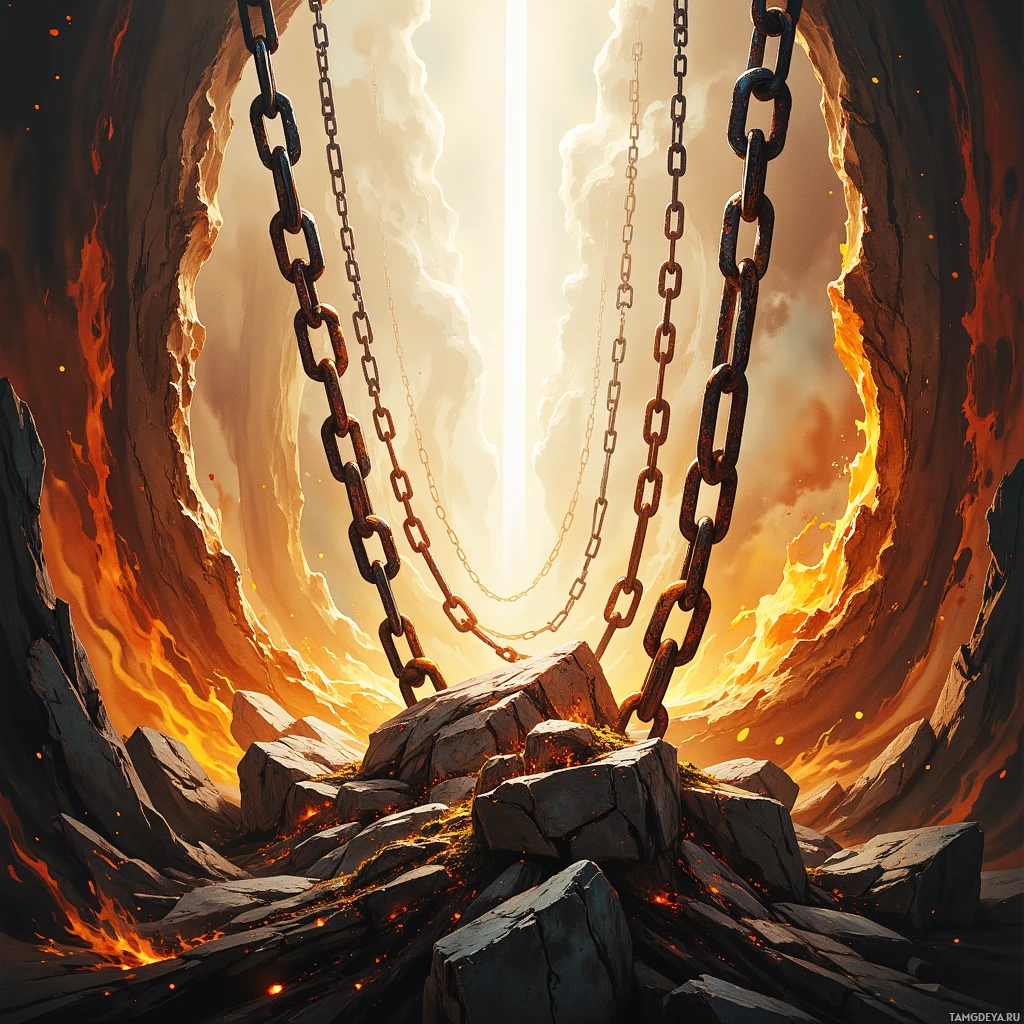 Жаркова пещера с цепями, свисающими с потолка, и тлеющими углями на полу.