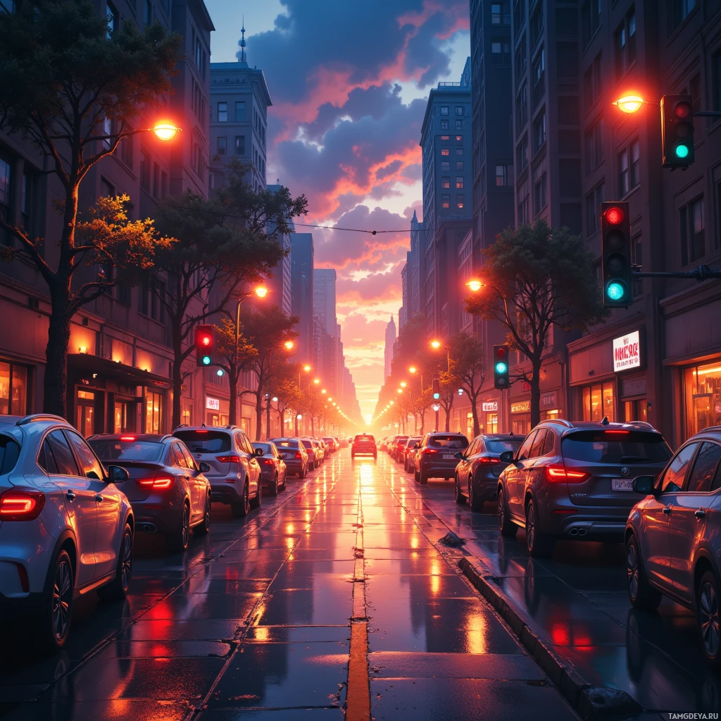 Улица города на закате, с припаркованными вдоль обочин автомобилями и горящими красным светом светофорами.