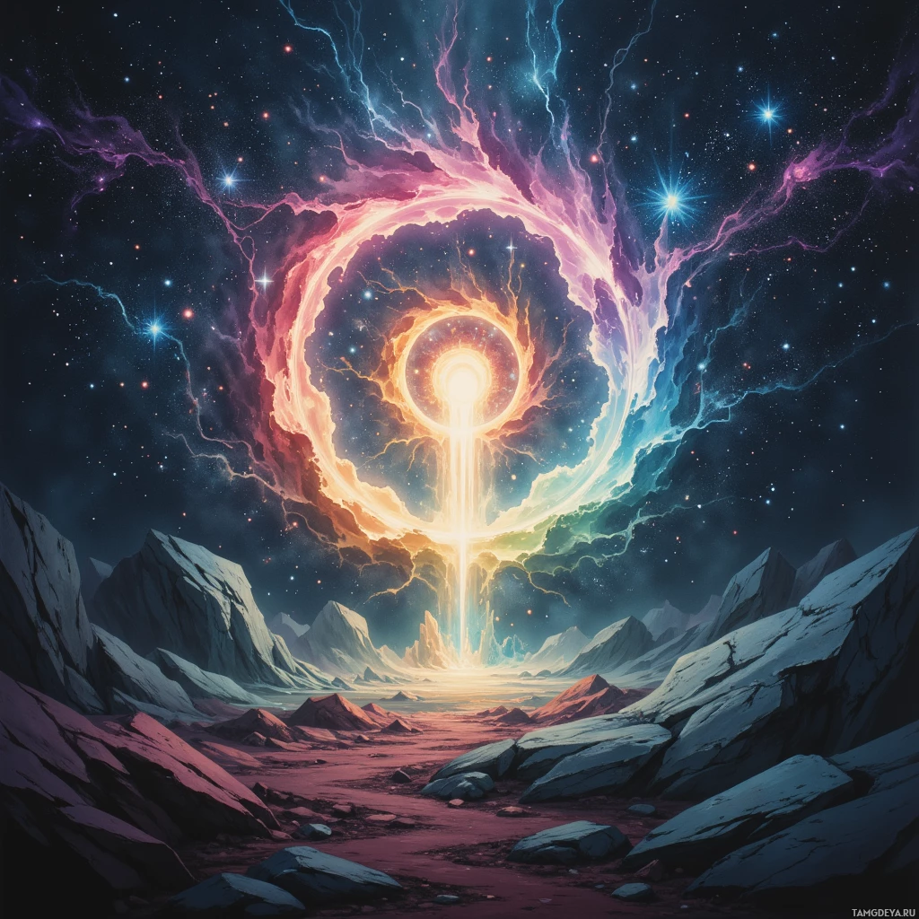 Яркий космический пейзаж с сияющим порталом на фоне звездного неба и каменистой местности.