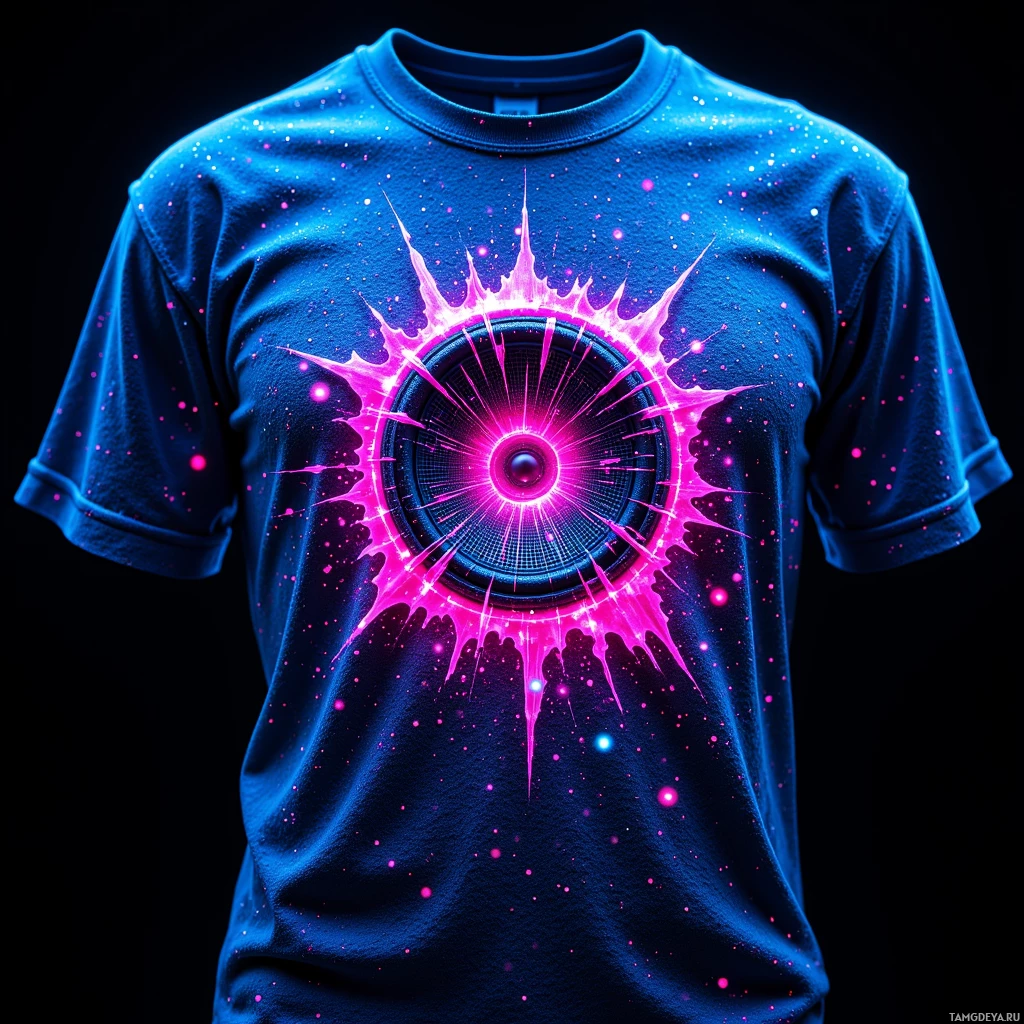 Футболка синего цвета с абстрактным светящимся дизайном в розово-фиолетовых тонах, с эффектом кругового взрыва.