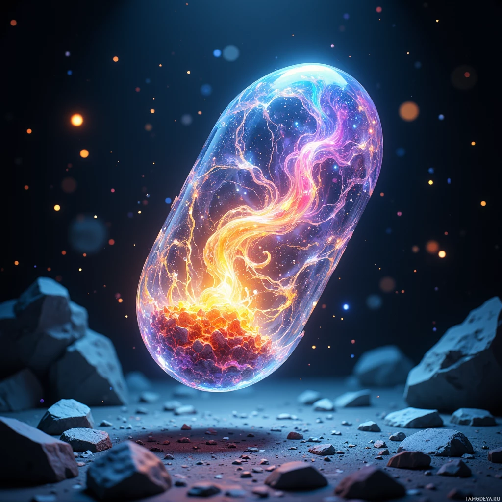 Светящийся, неземной объект, напоминающий яйцо, парит над каменистой местностью на фоне звездного неба, словно переливаясь вихрями красок.