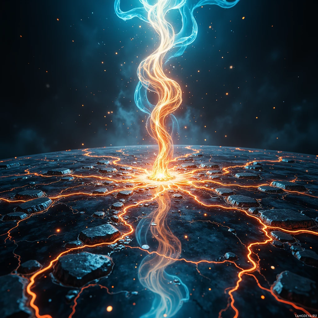 Яркая, пылающая струя поднимается из темной, каменистой поверхности, окруженная мелкими искрами и усыпанным звездами ночным небом.