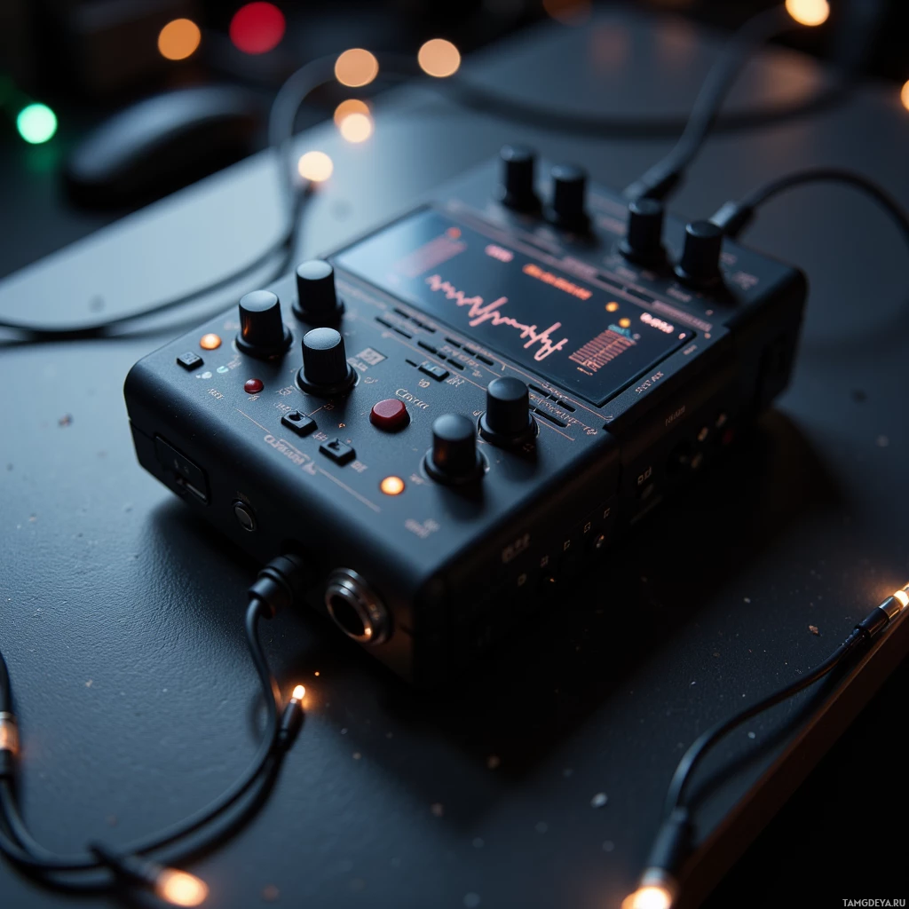 Крупный план черного аудиопедаля с регуляторами и кабелями на фоне темного пространства с эффектом боке.