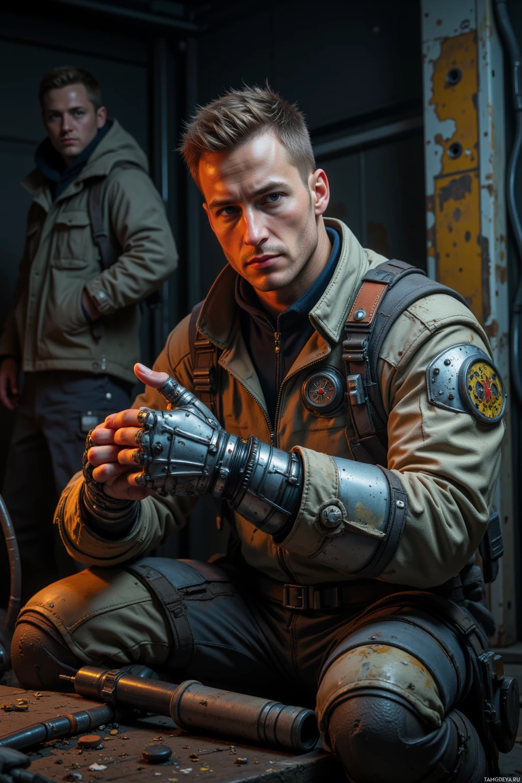 Мужчина в футуристичном, грубого покроя костюме опустился на колени в полумраке промышленного помещения.