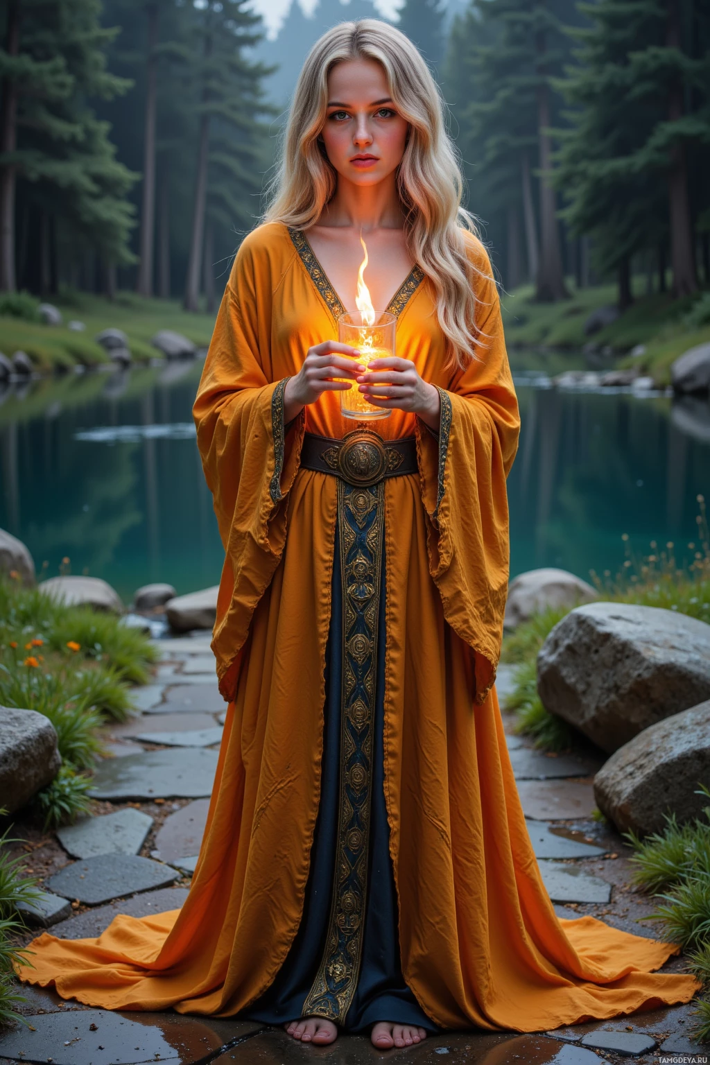 Женщина в струящемся оранжевом одеянии стоит у спокойного озера, держа в руках светящуюся свечу.