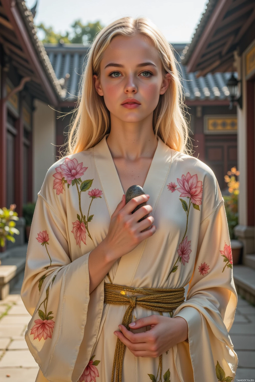 Человек в кимоно с цветочным принтом стоит на фоне традиционного пейзажа.