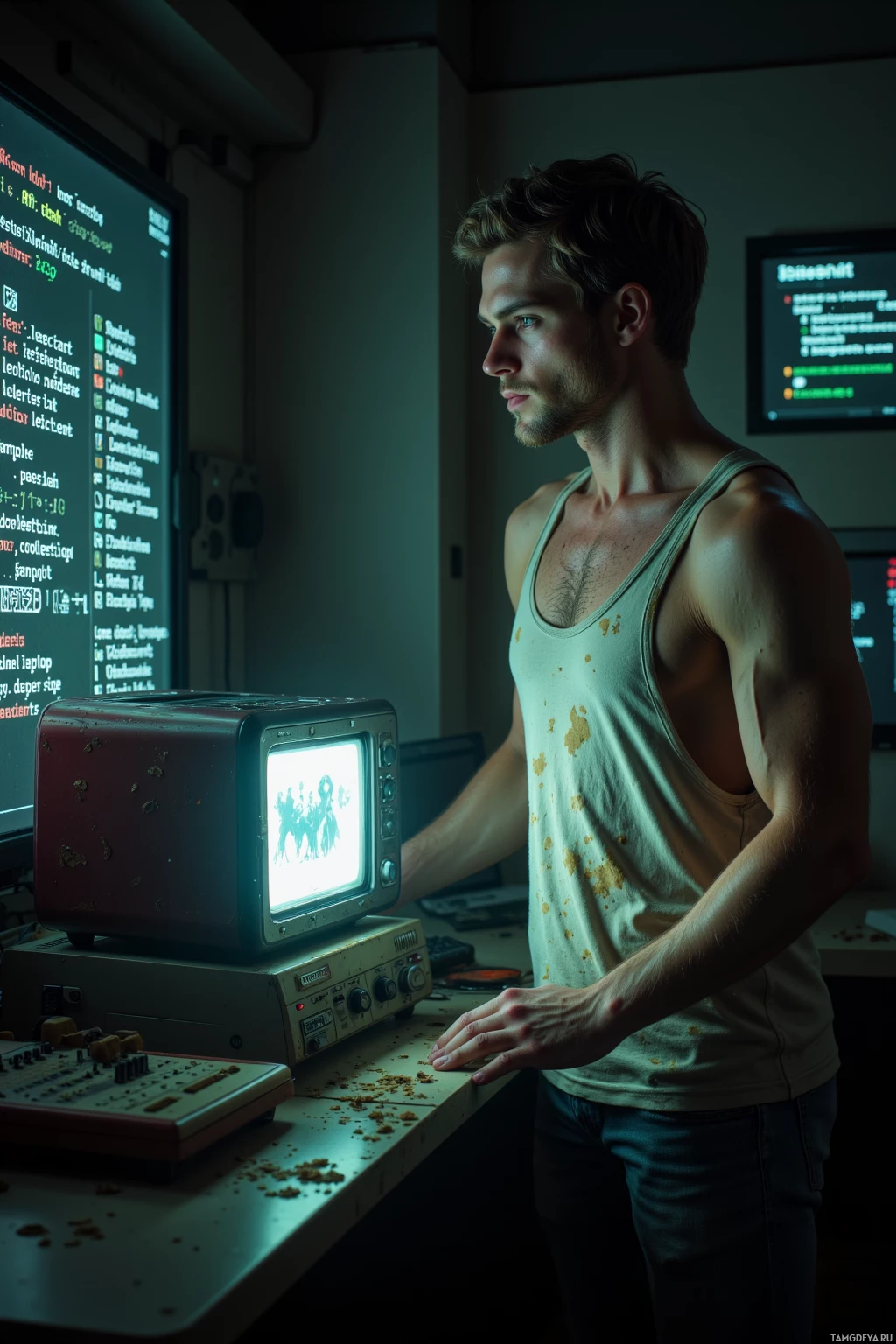 Мужчина в майке стоит в полумраке комнаты, глядя на небольшой телевизор с черно-белым изображением.