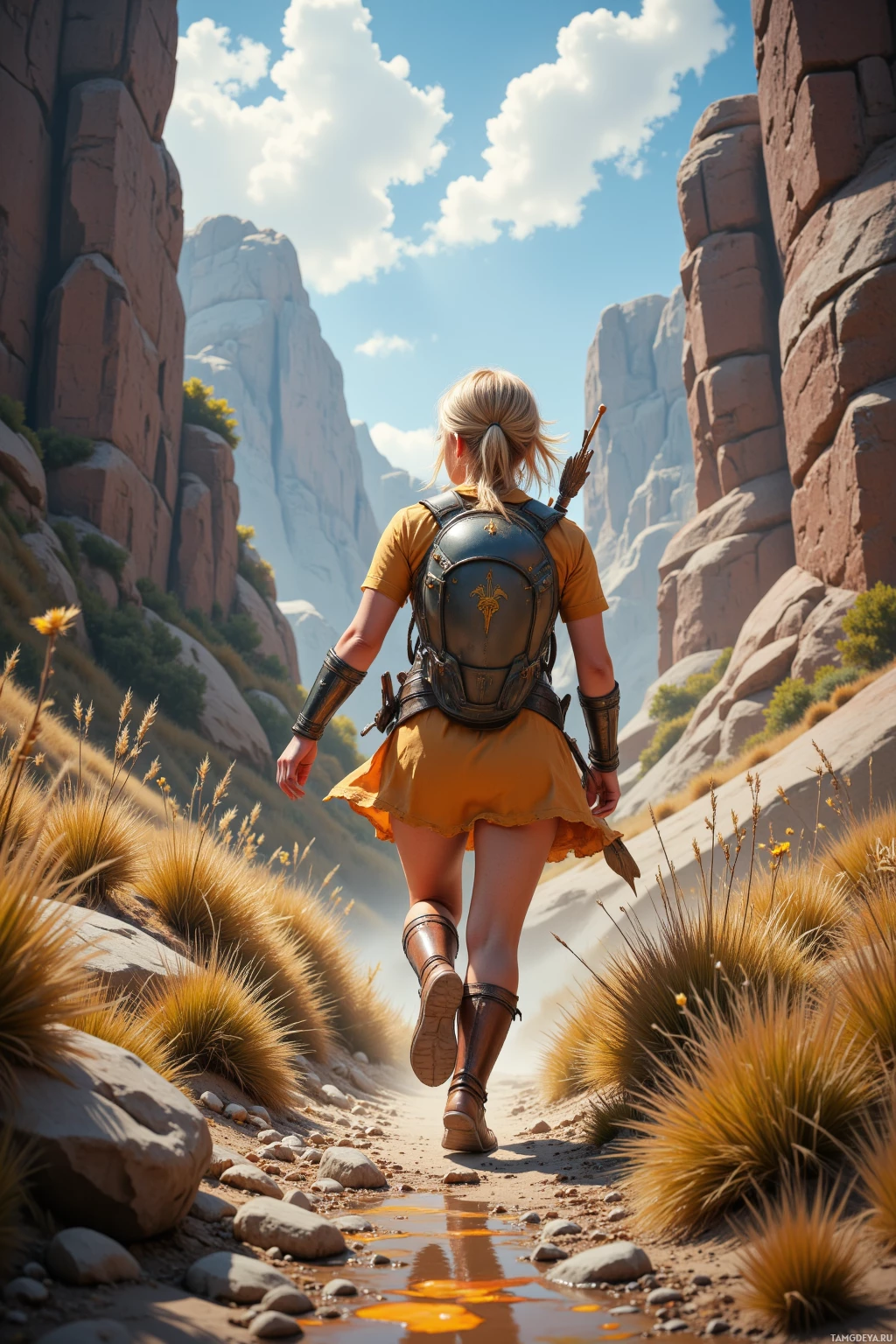 Человек в жёлтой одежде и кожаных доспехах идёт по каменистому каньону под ярко-голубым небом.