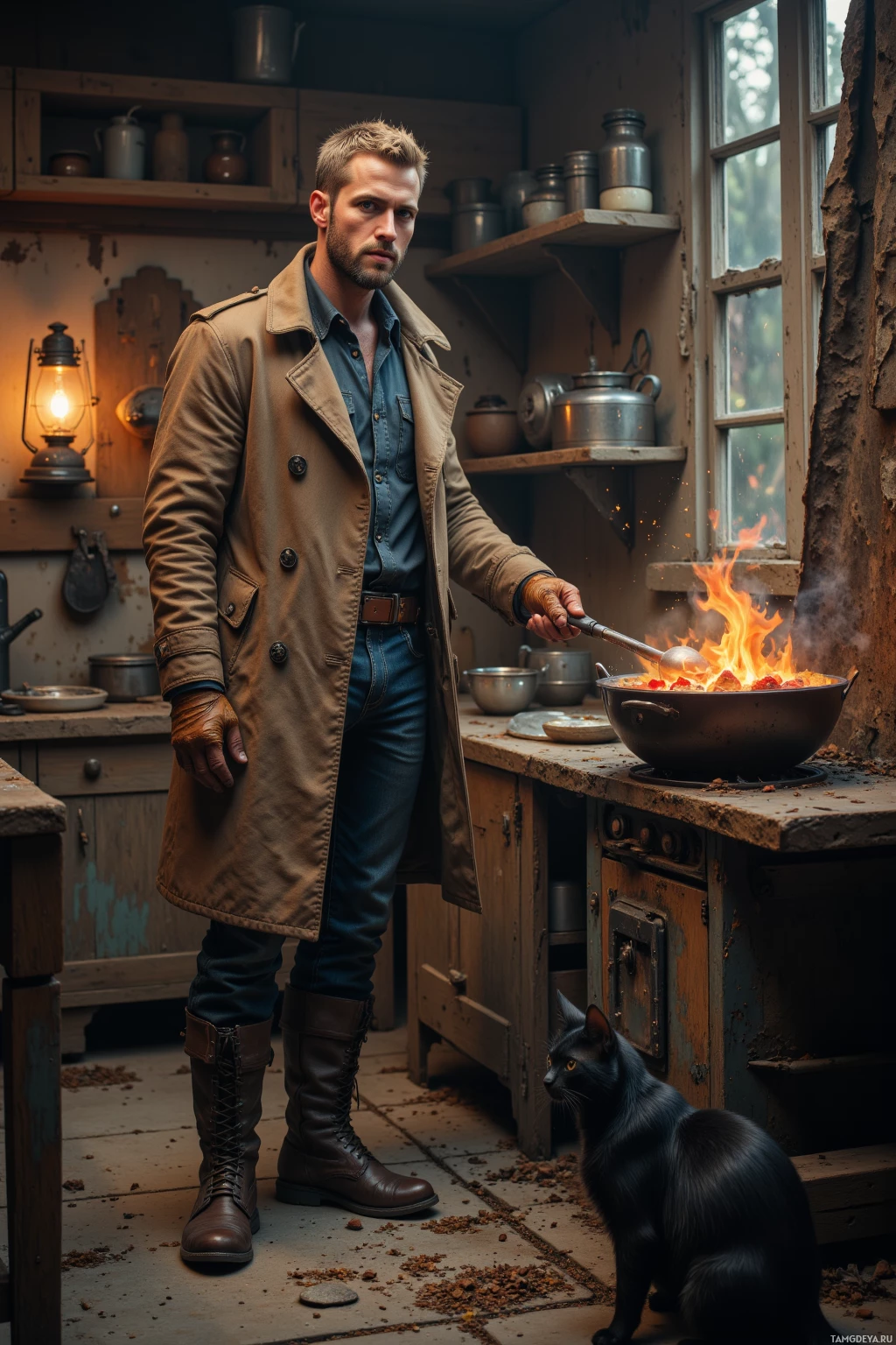 Мужчина в плаще и сапогах стоит на деревенской кухне и помешивает кастрюлю над огнем.