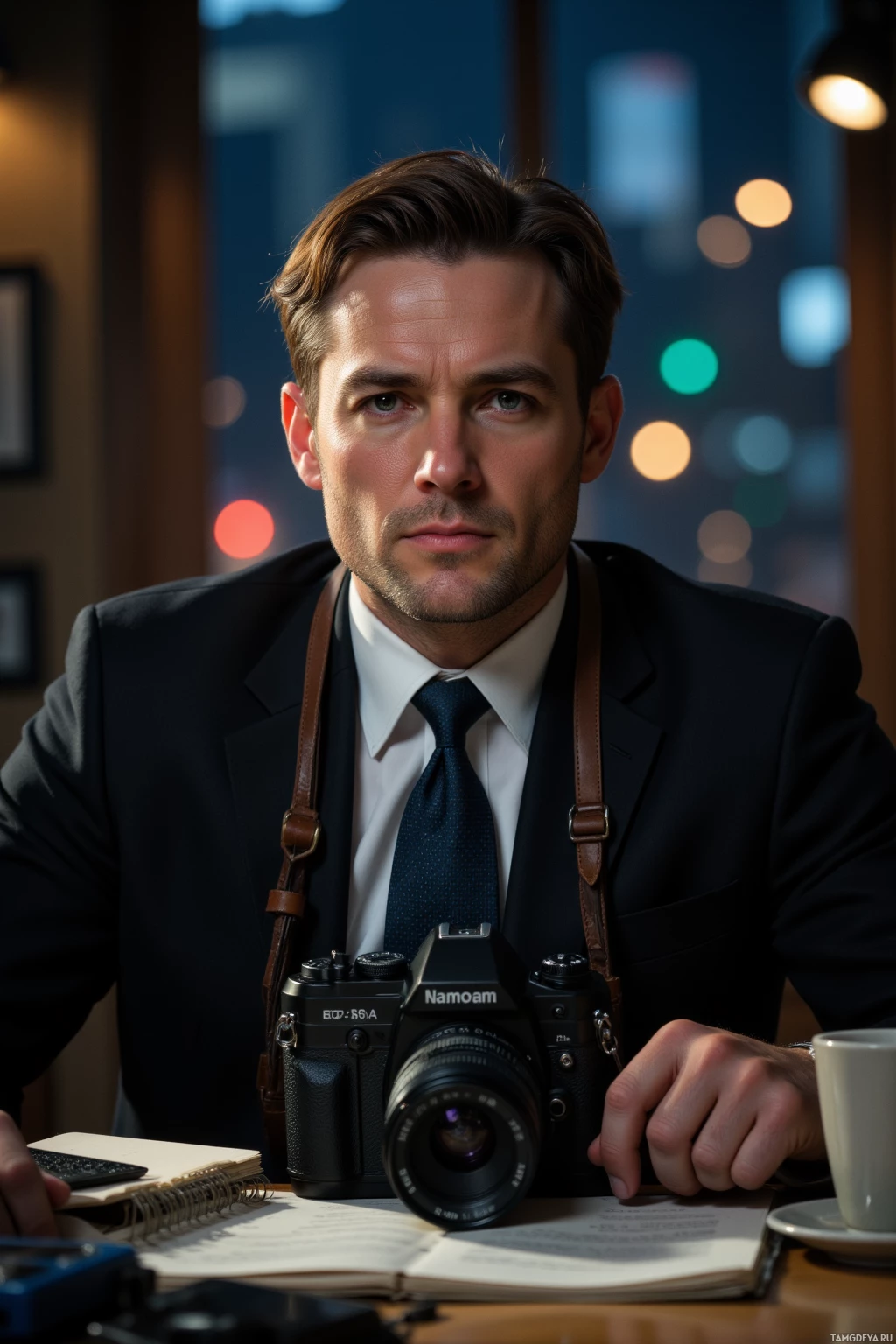 Мужчина в костюме сидит за столом с блокнотом и чашкой кофе, на шее у него висит фотоаппарат.